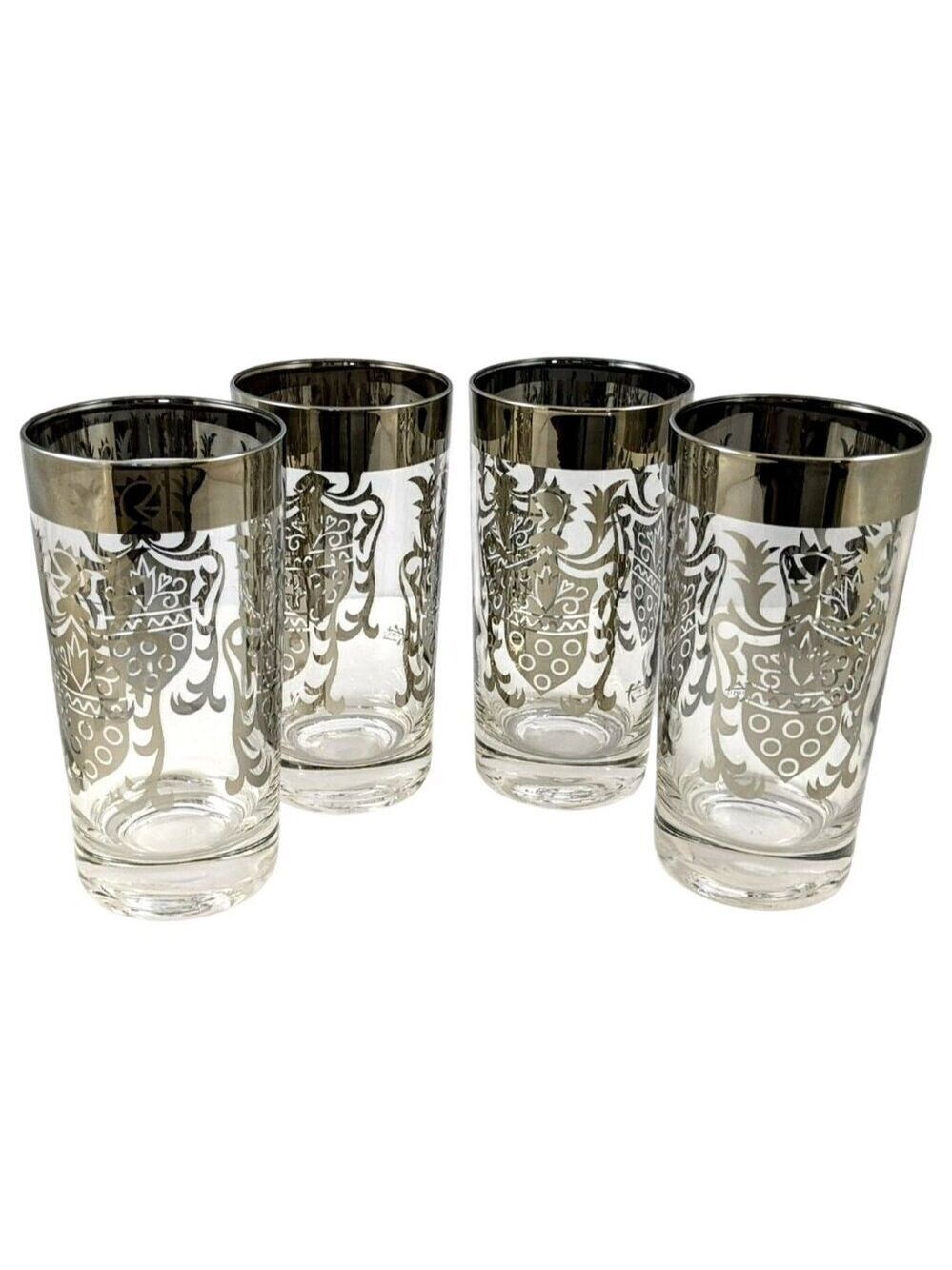 Vintage Kimiko Highball Glasses Set of 4 Silver Guardian Shield Coat of Arms Mid